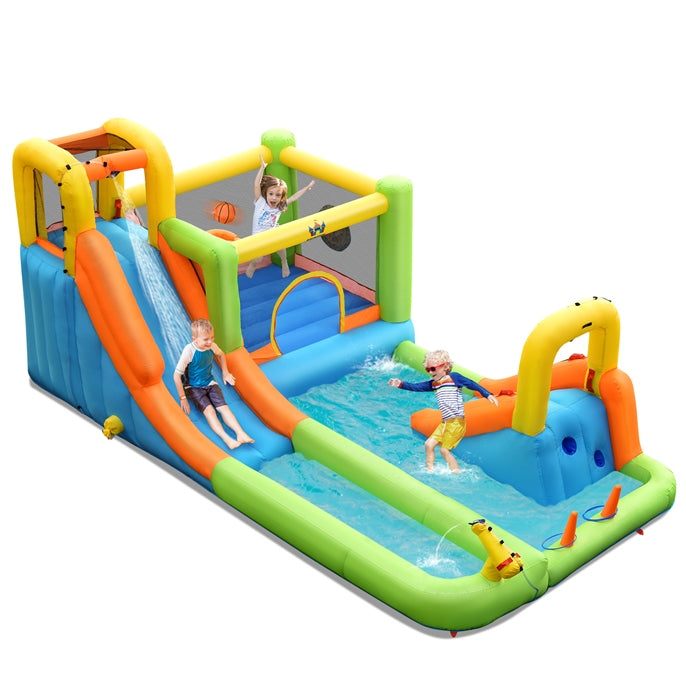 Inflatable Water Slide, Inflatable Bounce House w/Double Slides, Basketball Hoop