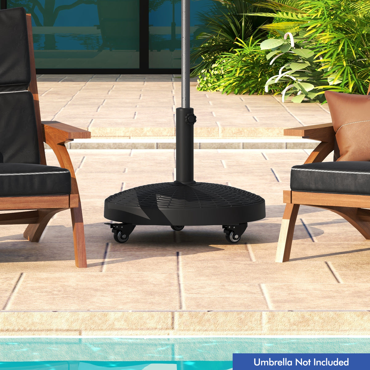 24kg Round Resin Umbrella Base, Rattan Designed Outdoor Umbrella Stand W/Lockable Wheels