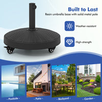 24kg Round Resin Umbrella Base, Rattan Designed Outdoor Umbrella Stand W/Lockable Wheels