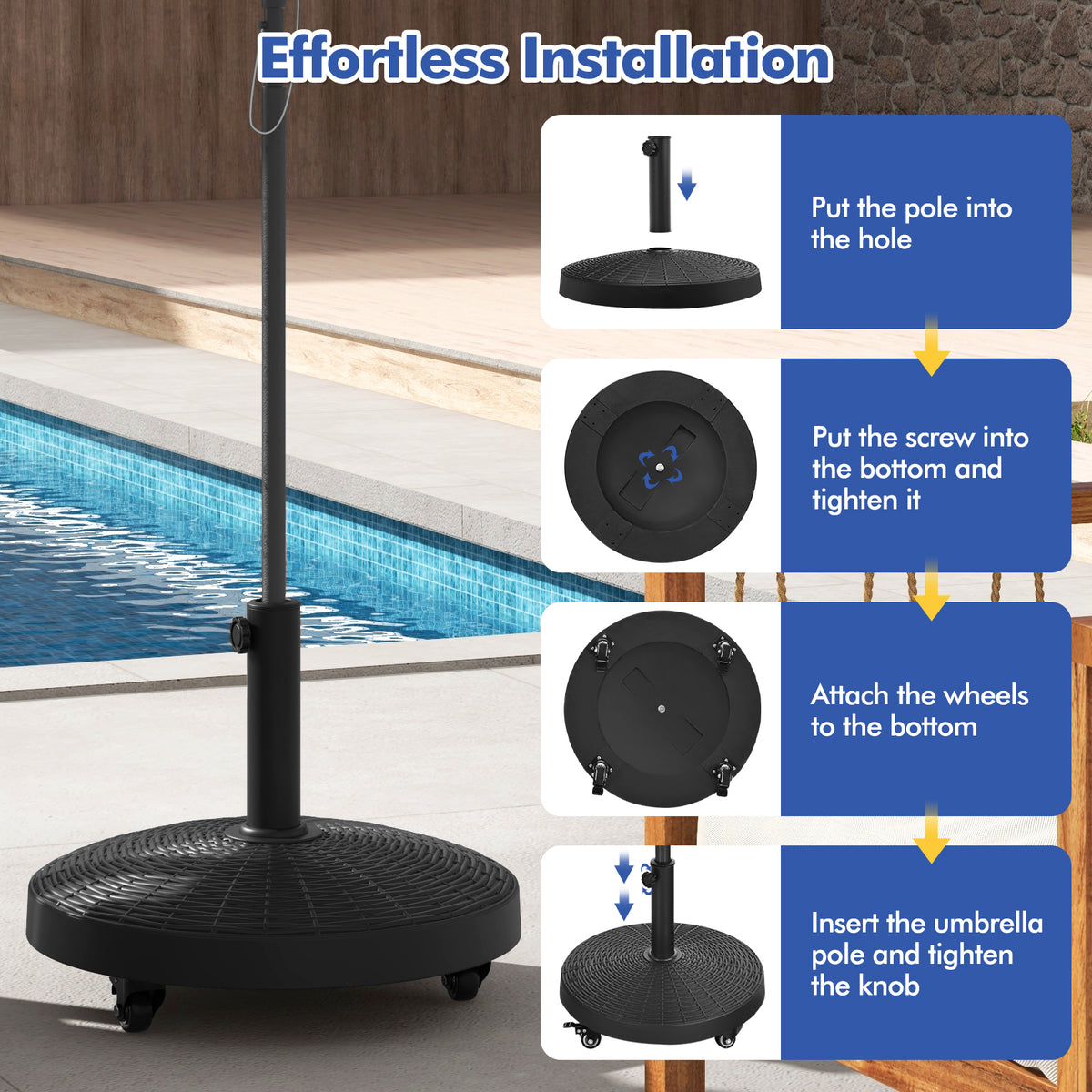 24kg Round Resin Umbrella Base, Rattan Designed Outdoor Umbrella Stand W/Lockable Wheels