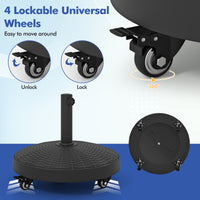 24kg Round Resin Umbrella Base, Rattan Designed Outdoor Umbrella Stand W/Lockable Wheels