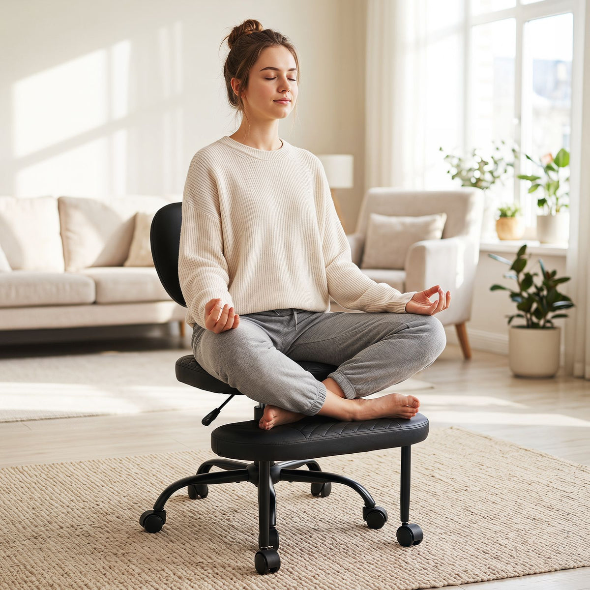 Ergonomic Cross Legged Office Chair with Wheels and Height Adjustable Seat