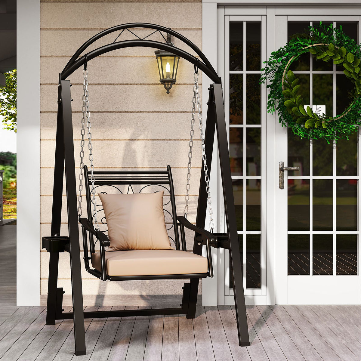 Outdoor Porch Swing Removable Cushions and Side Tables for Garden Balcony Poolside