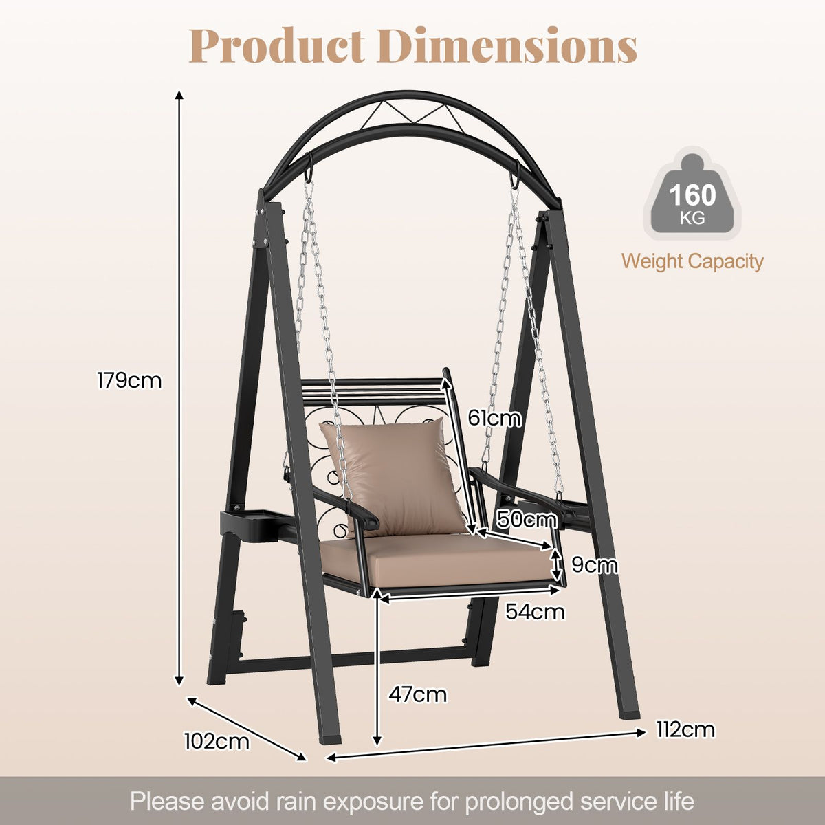 Outdoor Porch Swing Removable Cushions and Side Tables for Garden Balcony Poolside
