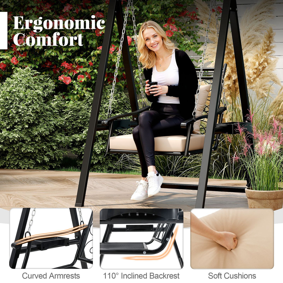 Outdoor Porch Swing Removable Cushions and Side Tables for Garden Balcony Poolside