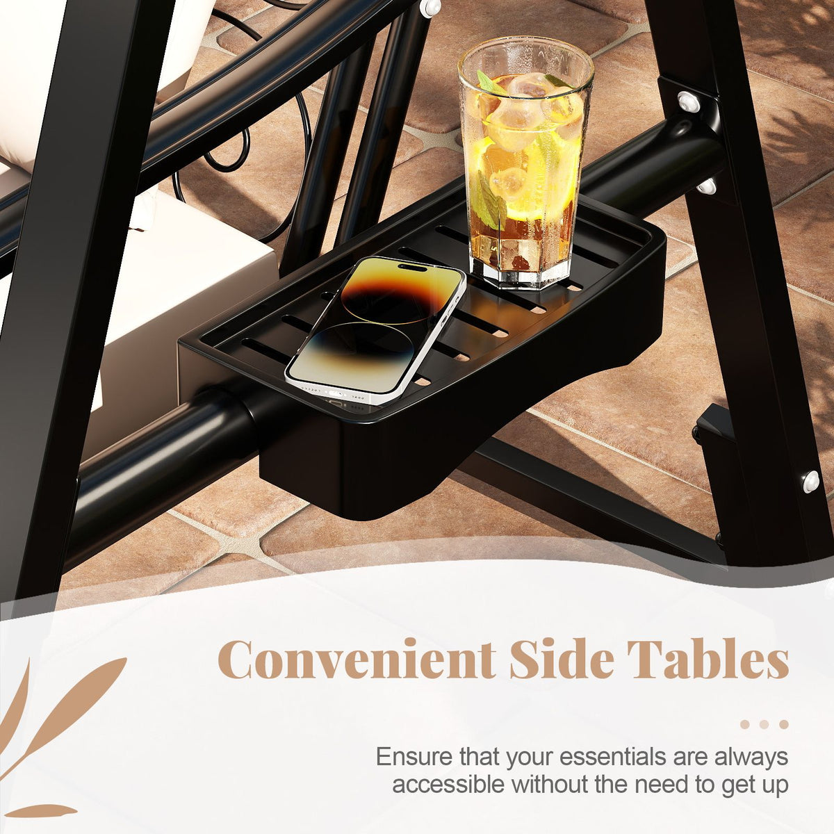 Outdoor Porch Swing Removable Cushions and Side Tables for Garden Balcony Poolside