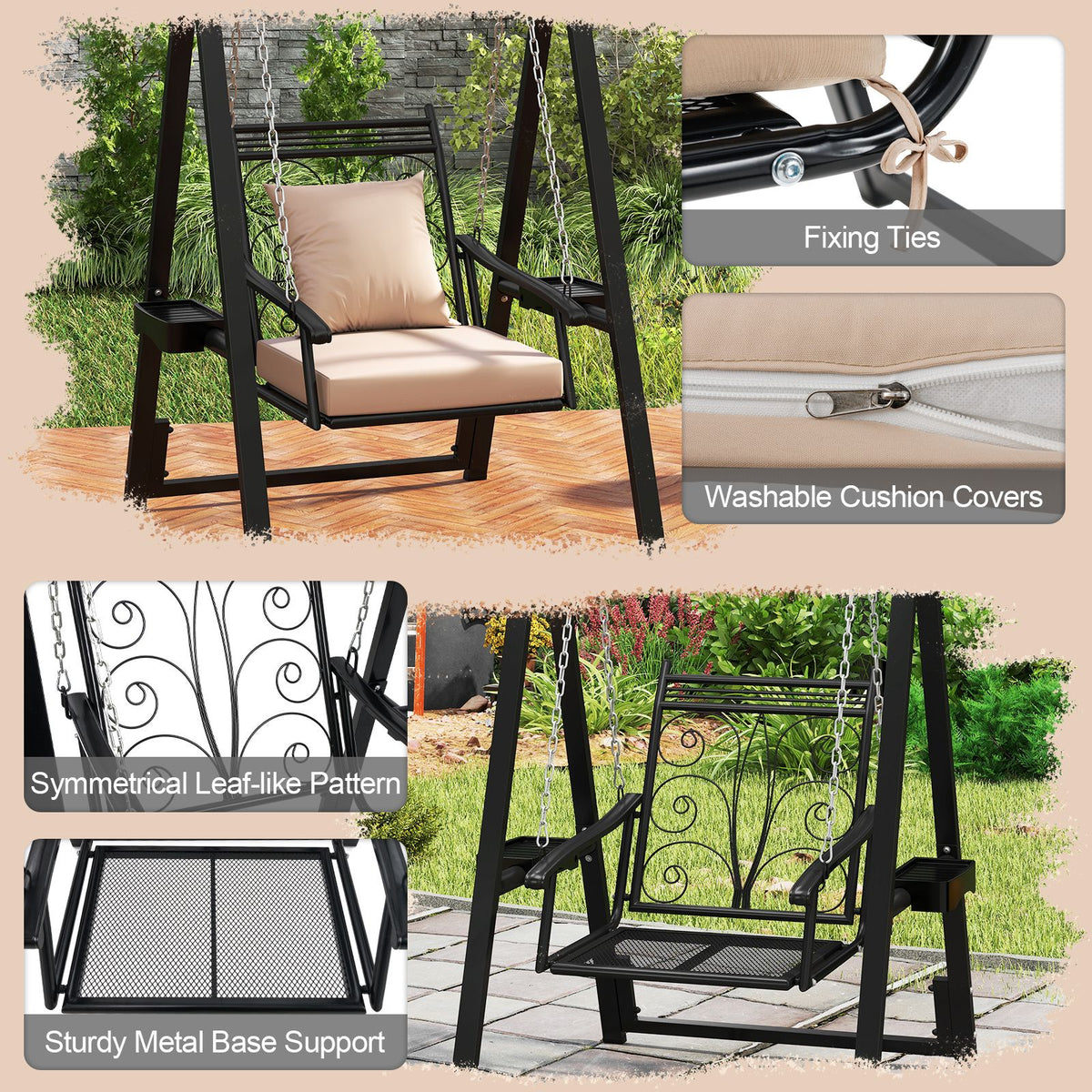 Outdoor Porch Swing Removable Cushions and Side Tables for Garden Balcony Poolside
