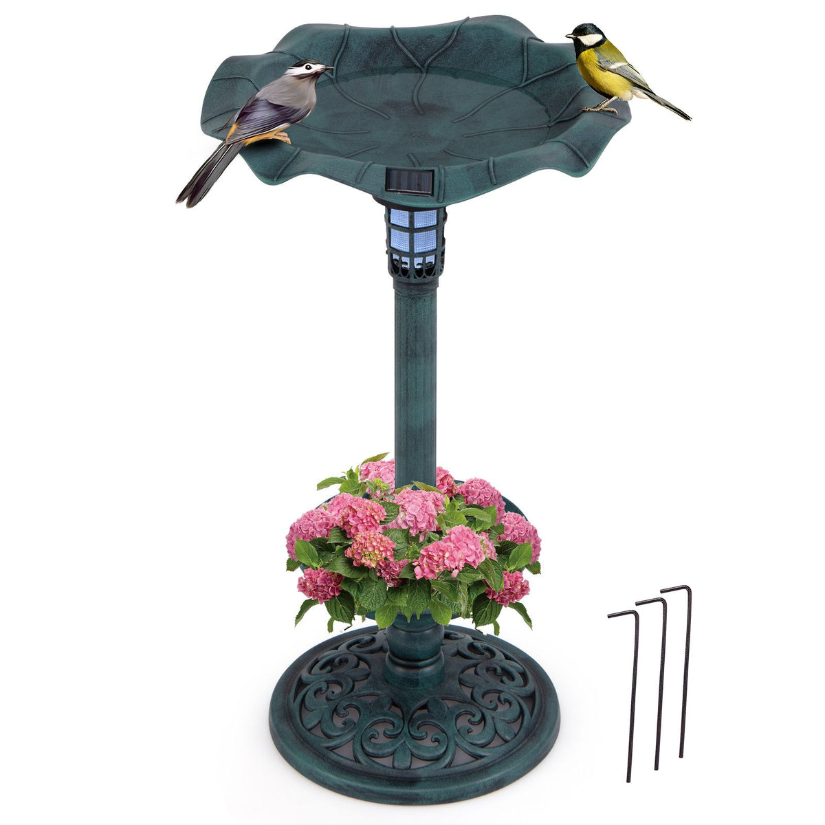 Outdoor Solar Bird Bath Standing Pedestal with Feeder and Lamp for Garden