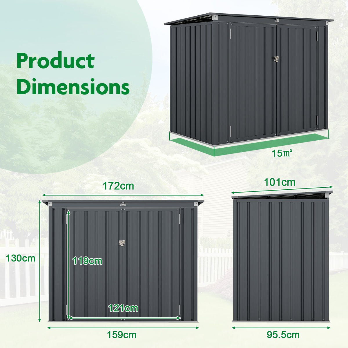 Outdoor Trash Can Storage Shed with Double Openings 2 Doors and Galvanized Frame
