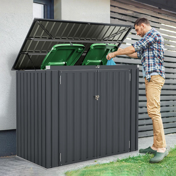 Outdoor Trash Can Storage Shed with Double Openings 2 Doors and Galvanized Frame
