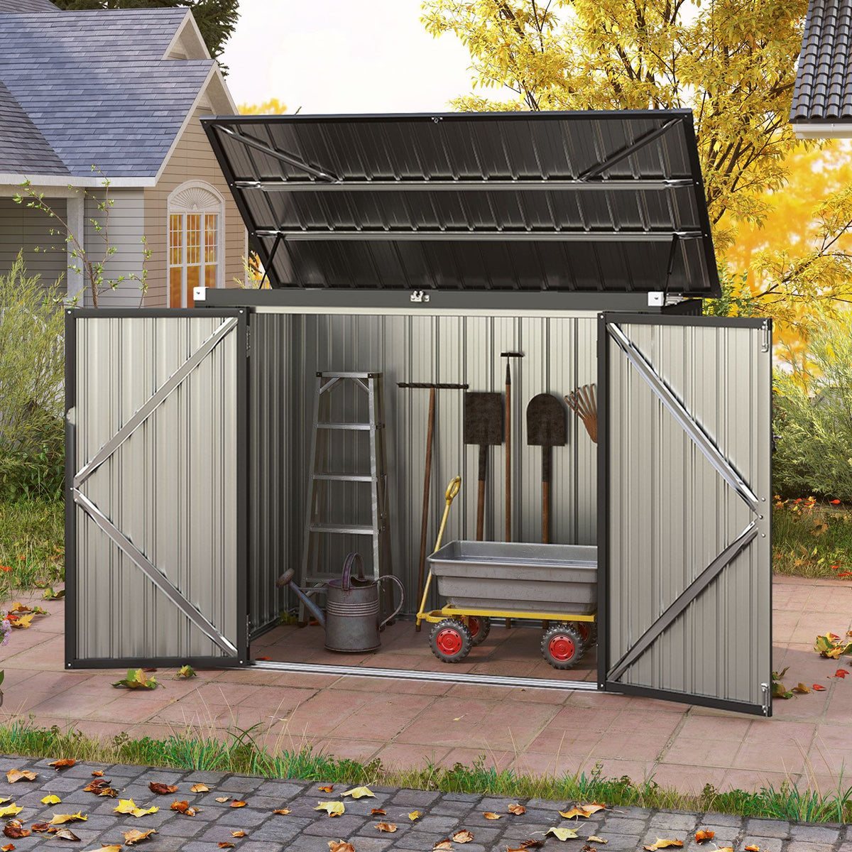 Outdoor Trash Can Storage Shed with Double Openings 2 Doors and Galvanized Frame