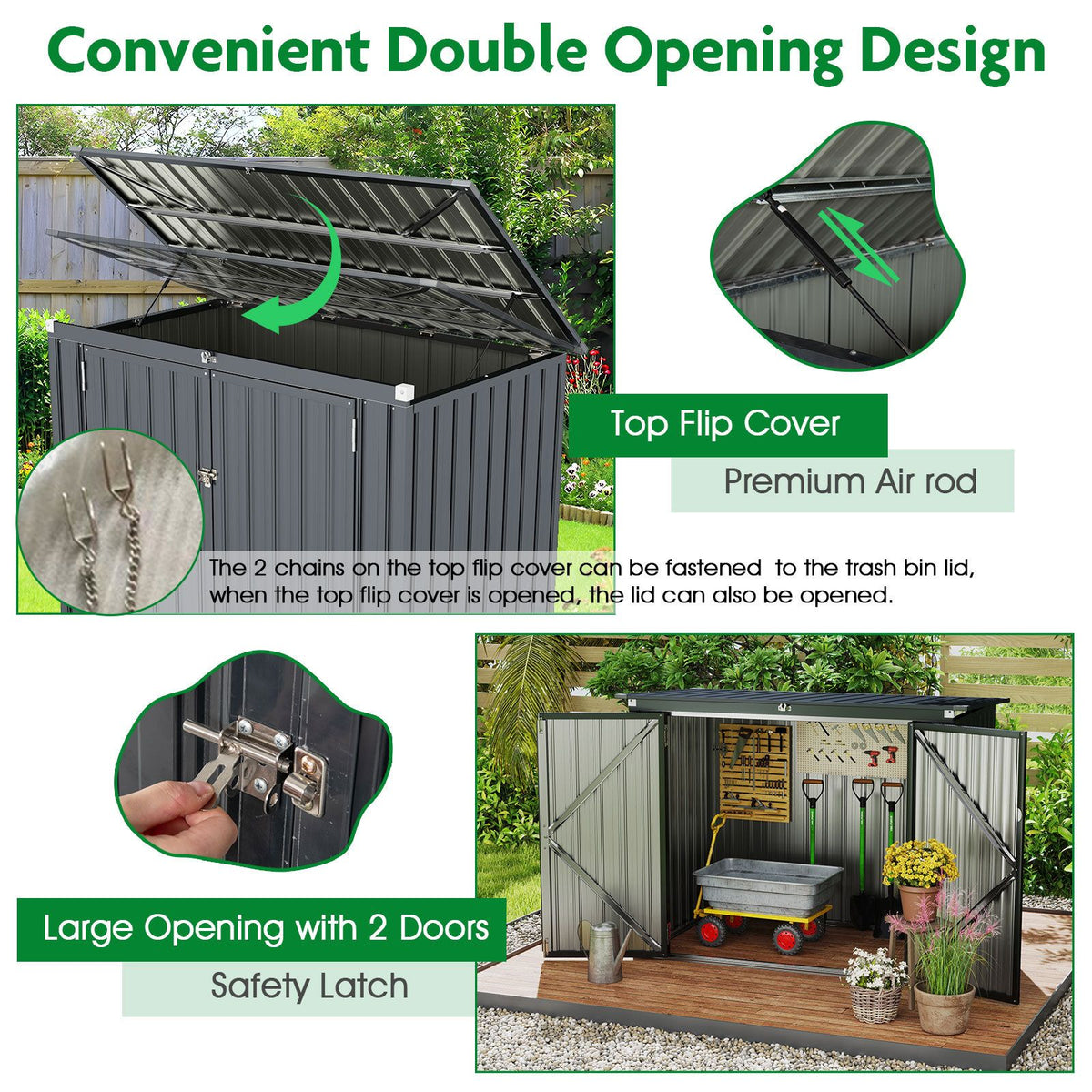Outdoor Trash Can Storage Shed with Double Openings 2 Doors and Galvanized Frame