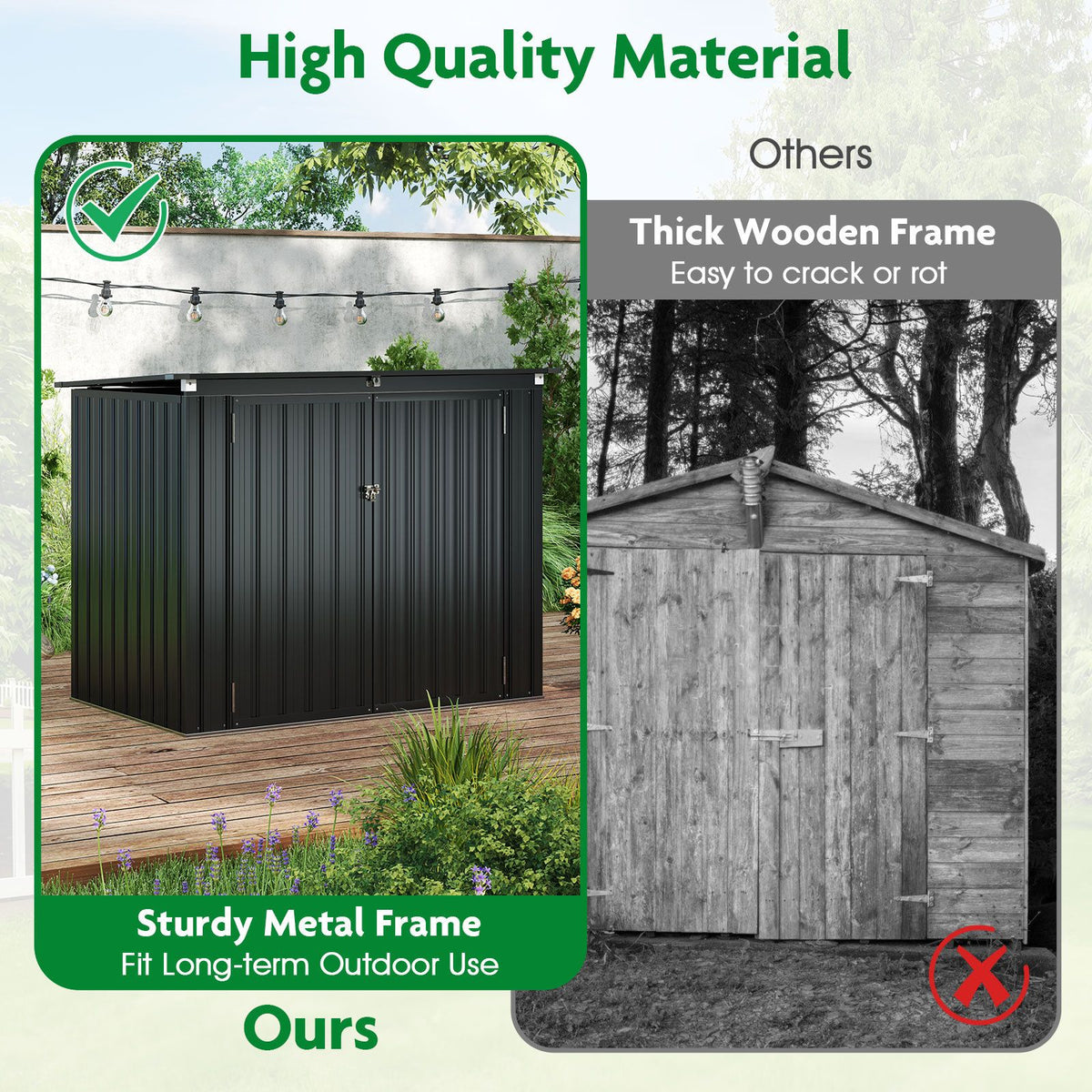 Outdoor Trash Can Storage Shed with Double Openings 2 Doors and Galvanized Frame