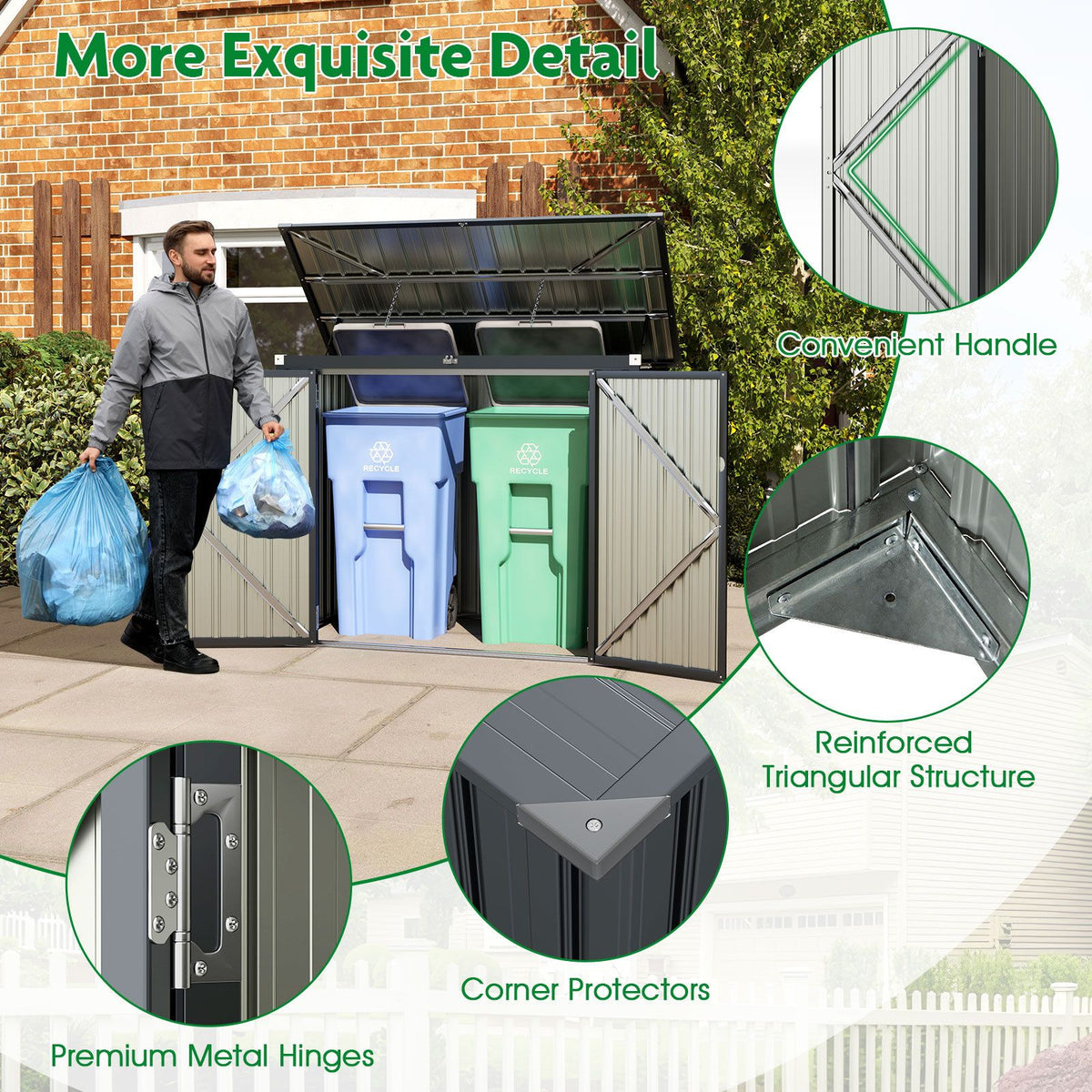 Outdoor Trash Can Storage Shed with Double Openings 2 Doors and Galvanized Frame