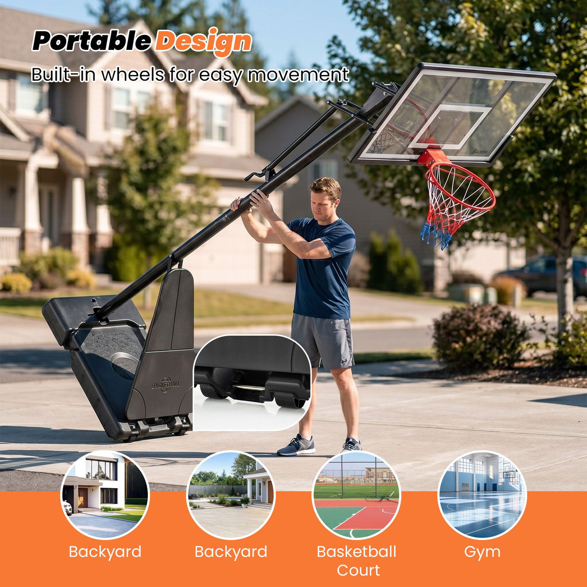 2.35-3.05 m Adjustable Basketball Hoop with Backboard and Portable Wheels