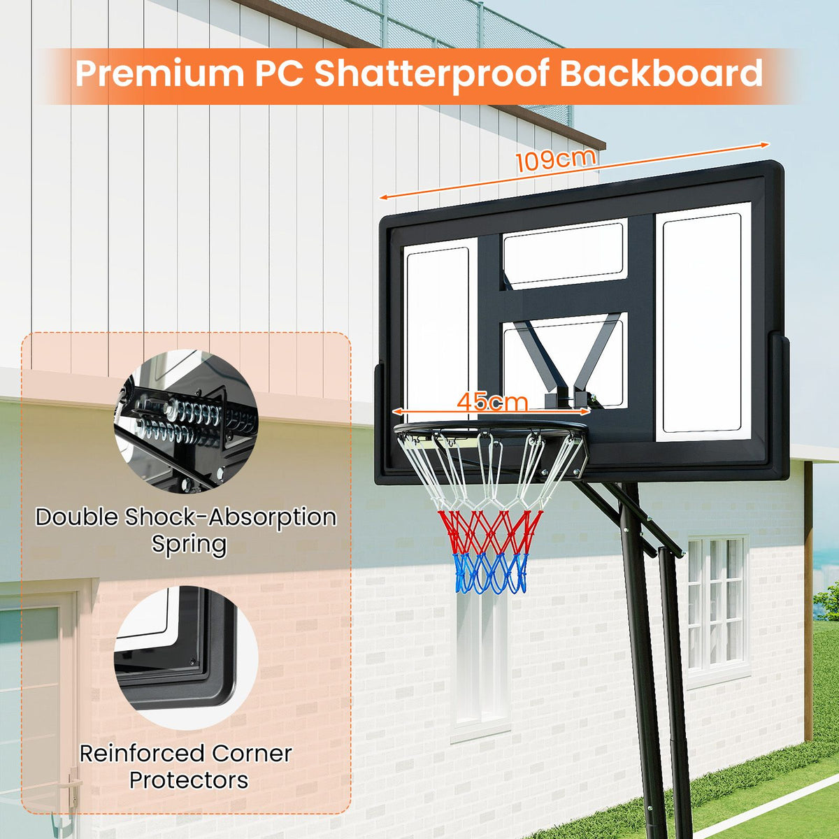 2.35-3.05 m Adjustable Basketball Hoop with Backboard and Portable Wheels
