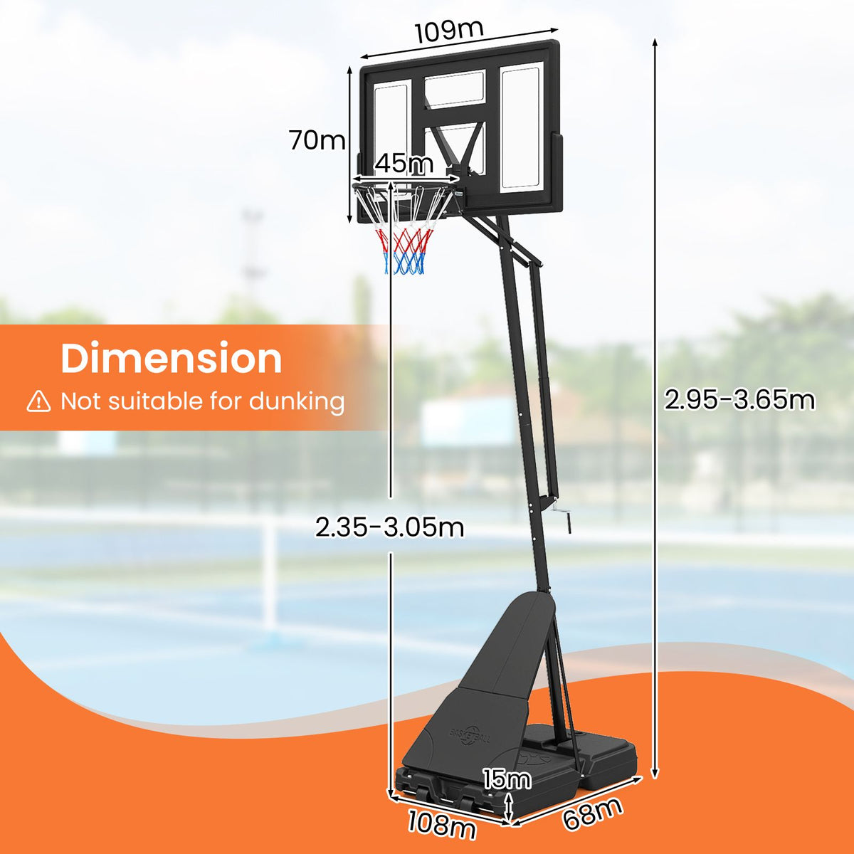 2.35-3.05 m Adjustable Basketball Hoop with Backboard and Portable Wheels