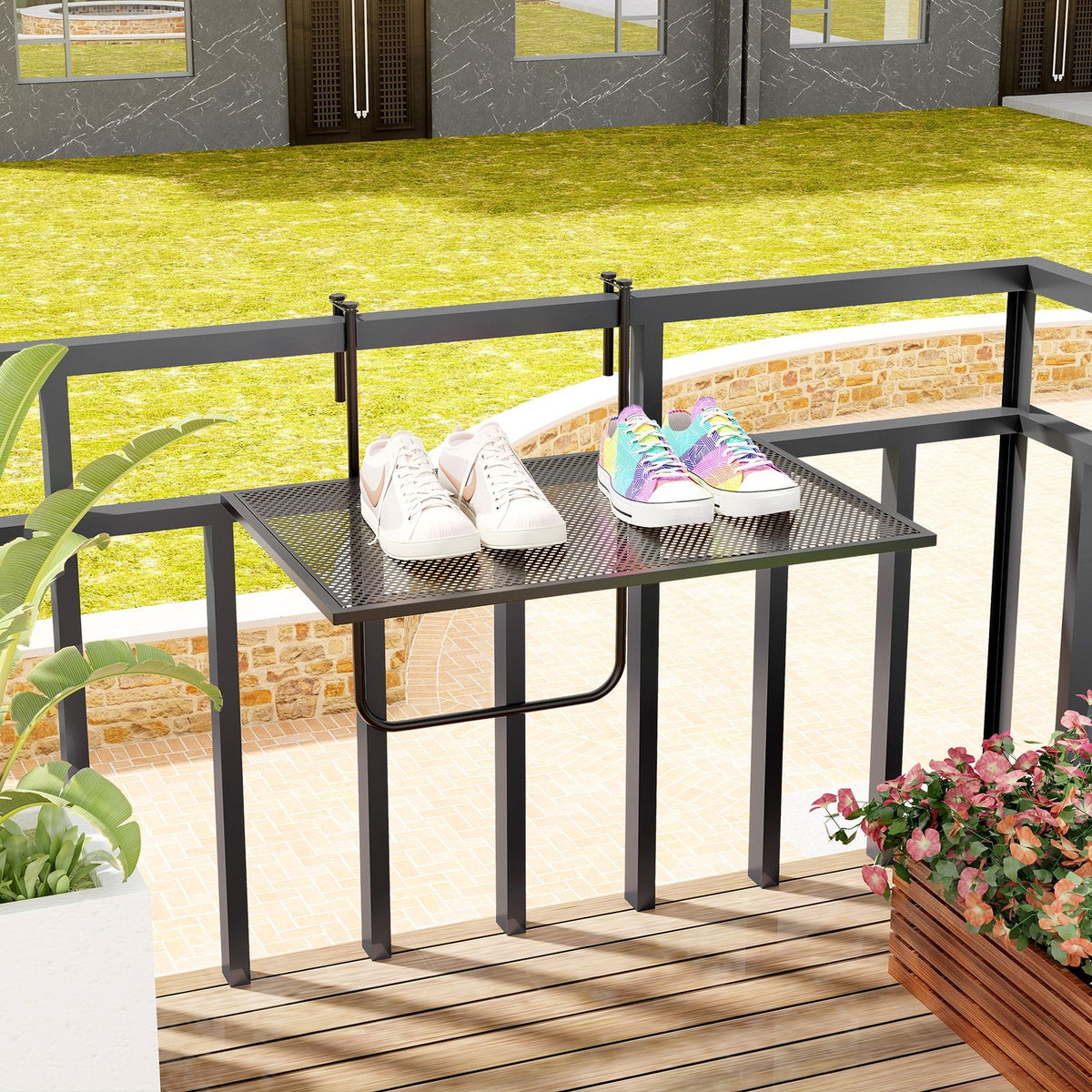 Outdoor Folding Balcony Railing Table with Metal Frame