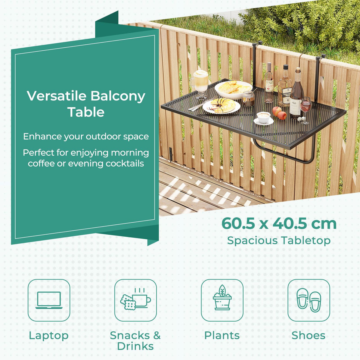 Outdoor Folding Balcony Railing Table with Metal Frame