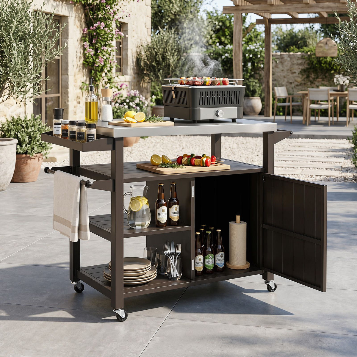 Outdoor Grill Cart with Storage Cabinet Shelves and Stainless Steel Top