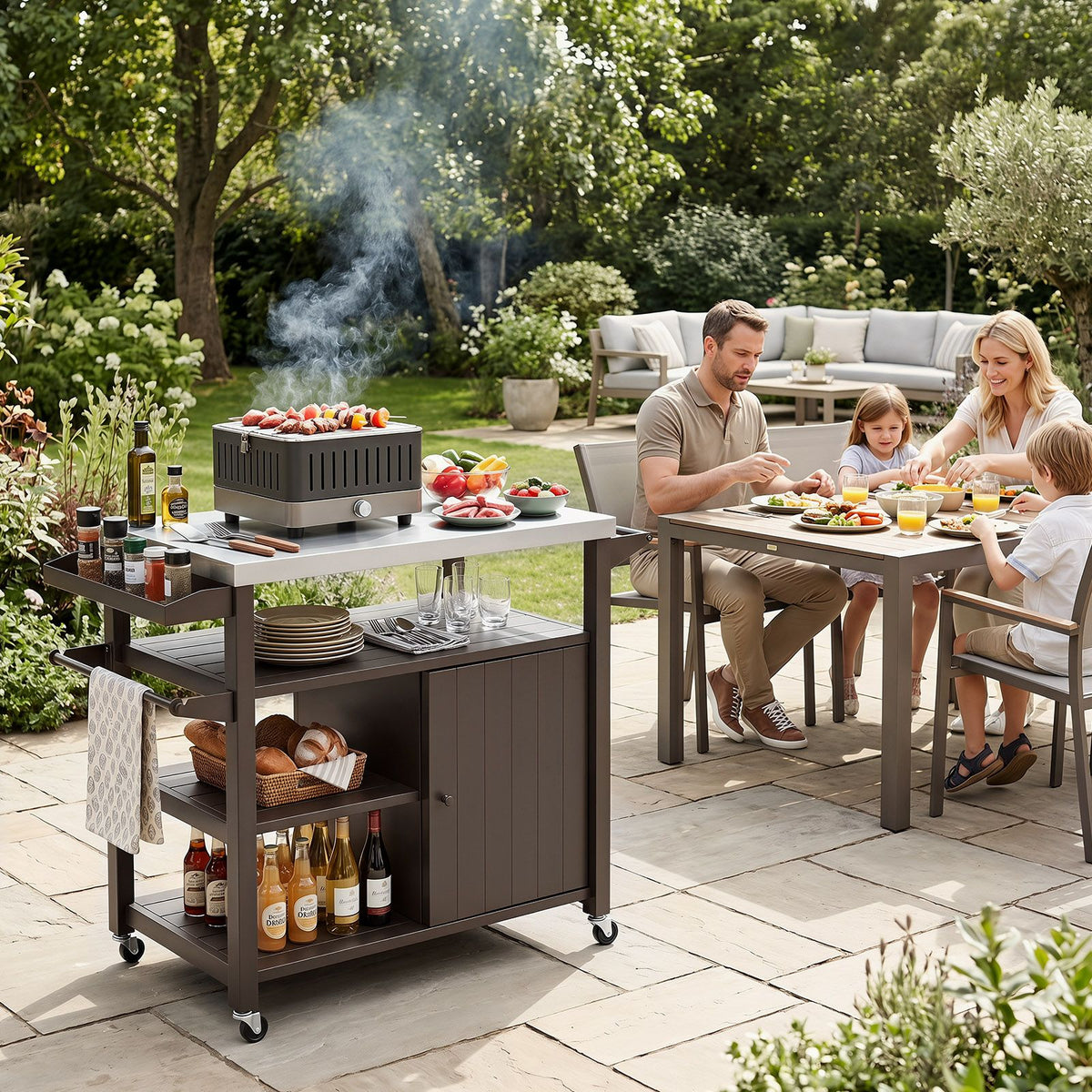 Outdoor Grill Cart with Storage Cabinet Shelves and Stainless Steel Top