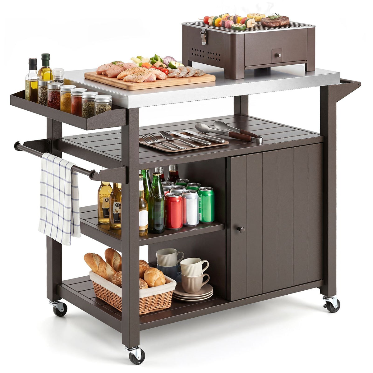 Outdoor Grill Cart with Storage Cabinet Shelves and Stainless Steel Top