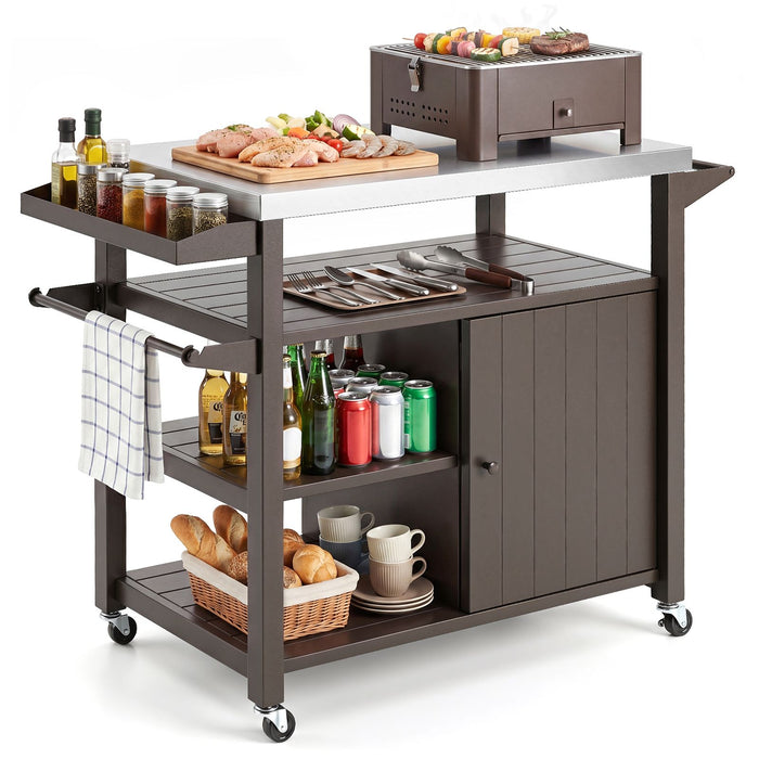 Outdoor Grill Cart with Storage Cabinet Shelves and Stainless Steel Top