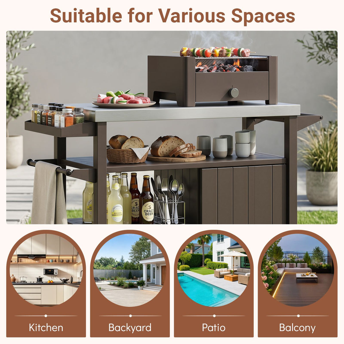 Outdoor Grill Cart with Storage Cabinet Shelves and Stainless Steel Top