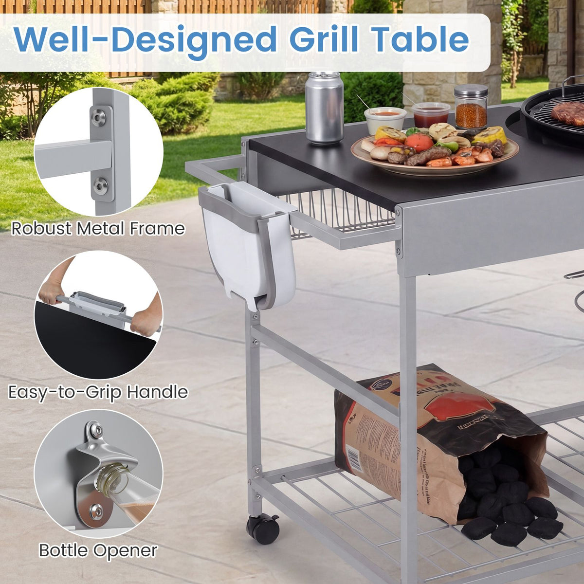 Outdoor Grill Table with Wire Rack for 46/56cm Kettle Charcoal Grill