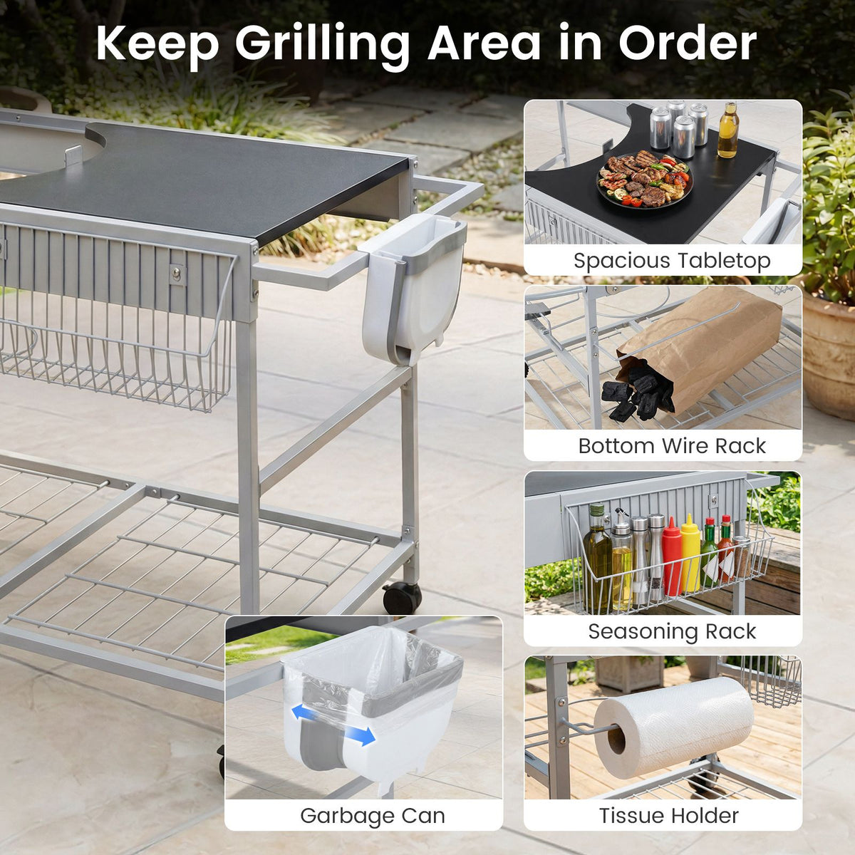 Outdoor Grill Table with Wire Rack for 46/56cm Kettle Charcoal Grill