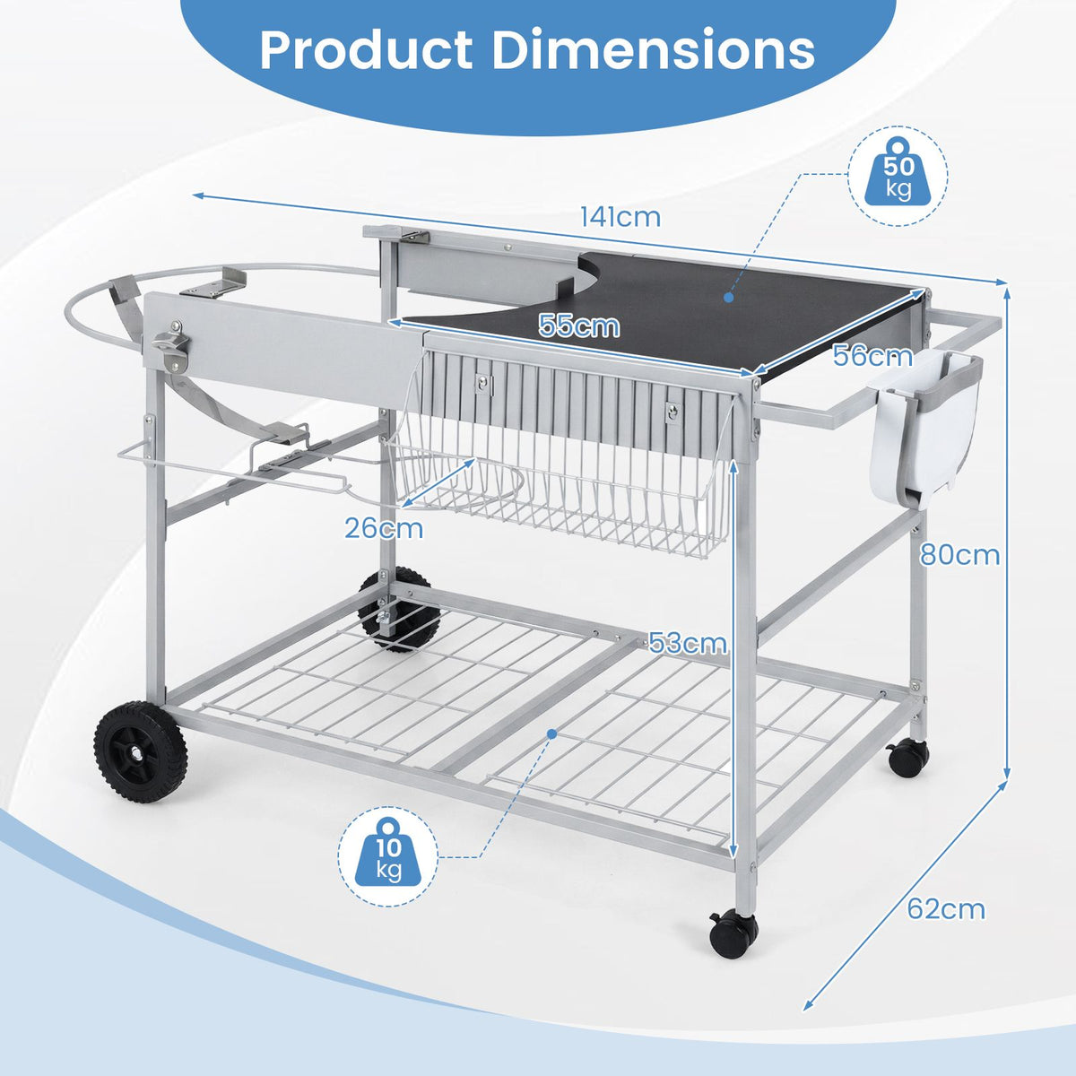 Outdoor Grill Table with Wire Rack for 46/56cm Kettle Charcoal Grill