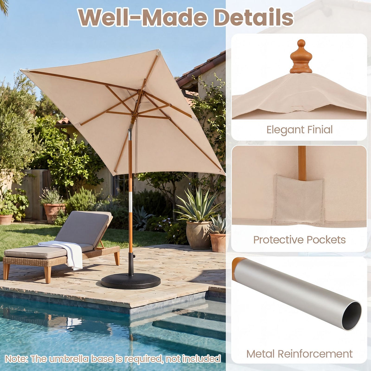 Rectangular Patio Umbrella with 3 Heights Push Button Tilt and Pulley Lift
