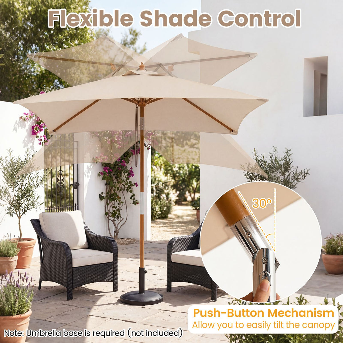 Rectangular Patio Umbrella with 3 Heights Push Button Tilt and Pulley Lift