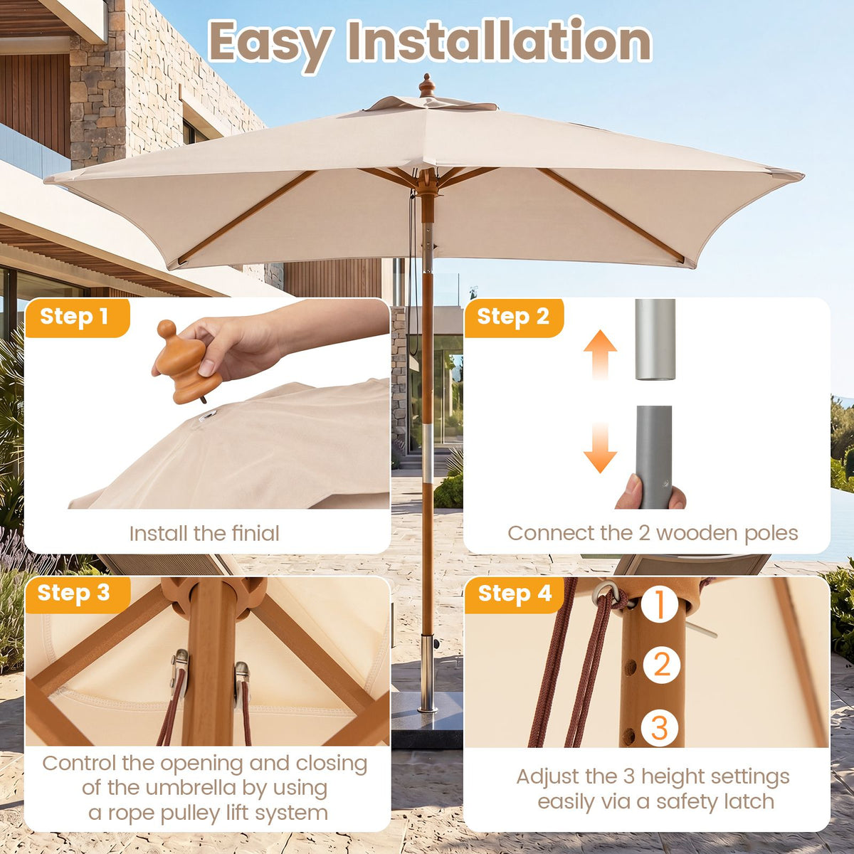 Rectangular Patio Umbrella with 3 Heights Push Button Tilt and Pulley Lift