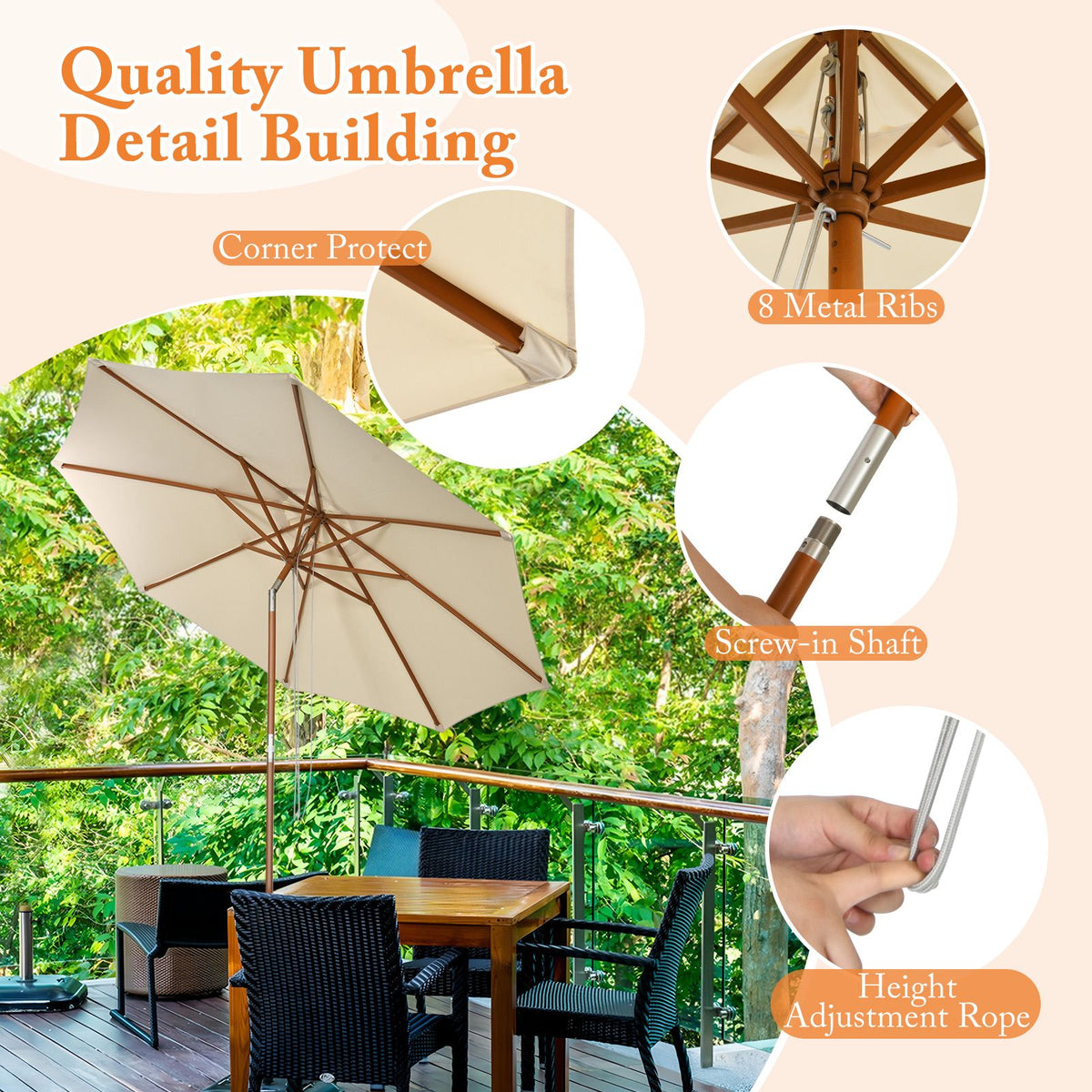 2.7M/3M Outdoor Patio Umbrella with 8 Ribs and Air Vent