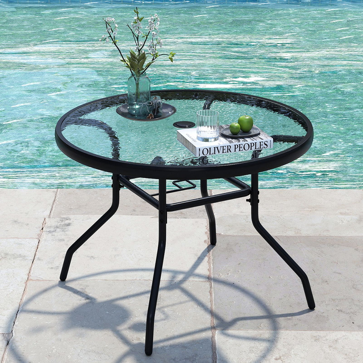 Outdoor Round Bistro Table with Tempered Glass Top and 4.2cm Umbrella Hole