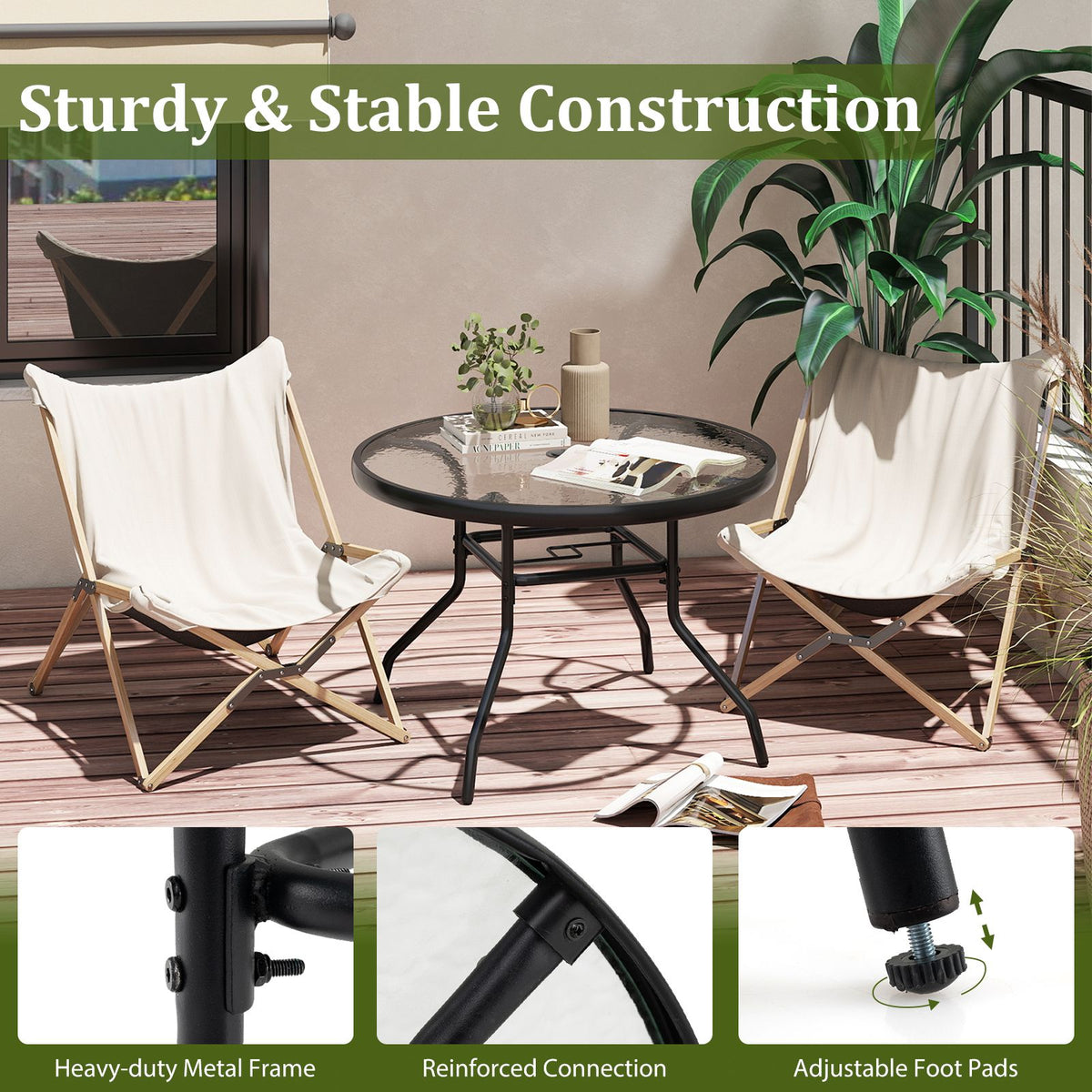 Outdoor Round Bistro Table with Tempered Glass Top and 4.2cm Umbrella Hole
