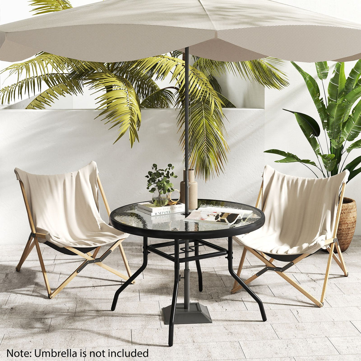 Outdoor Round Bistro Table with Tempered Glass Top and 4.2cm Umbrella Hole