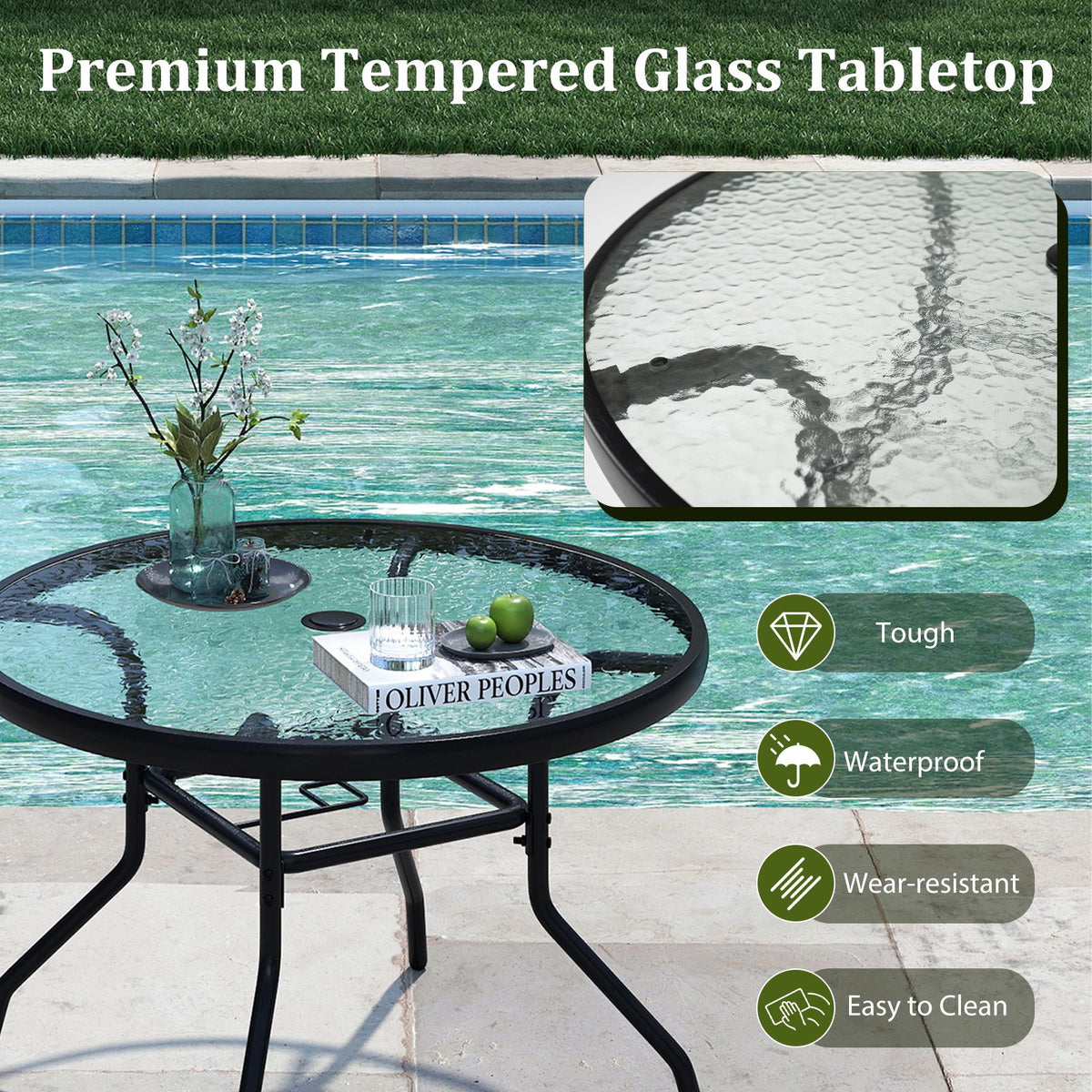 Outdoor Round Bistro Table with Tempered Glass Top and 4.2cm Umbrella Hole