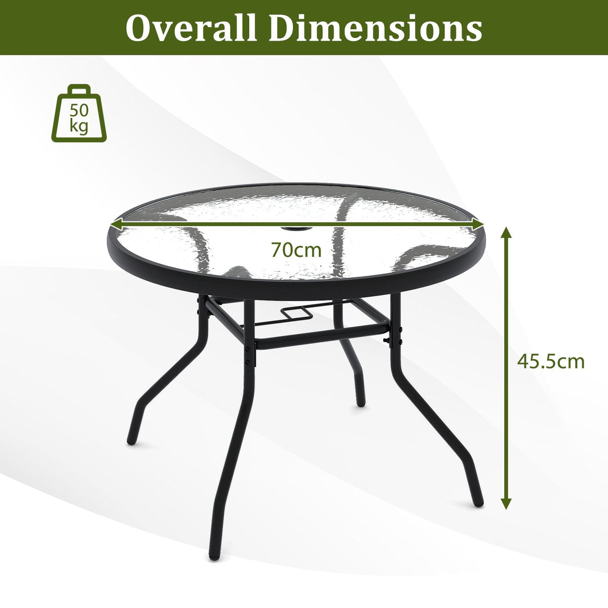 Outdoor Round Bistro Table with Tempered Glass Top and 4.2cm Umbrella Hole