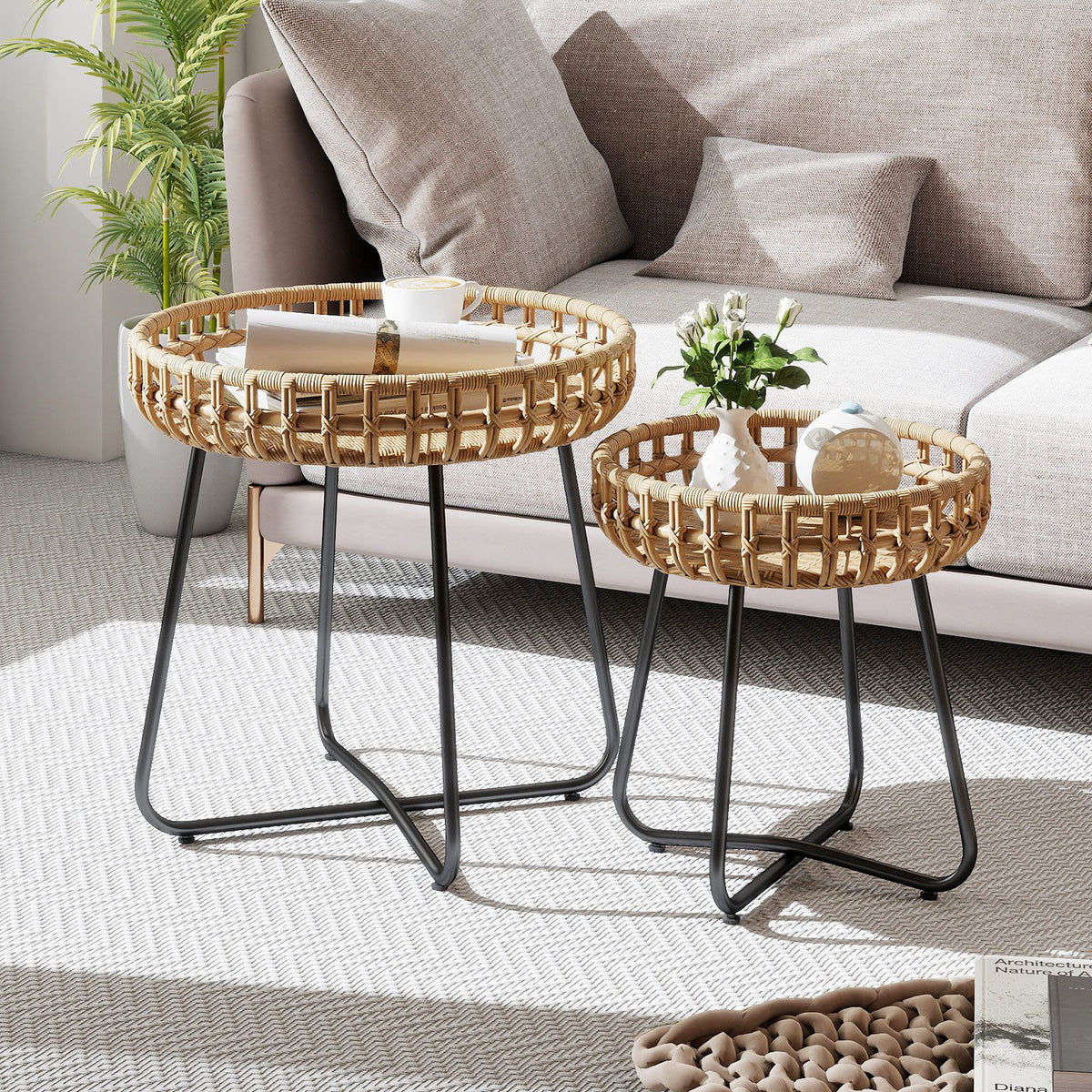 Outdoor Round Side Table Set of 2 in Different Sizes with Metal Frames