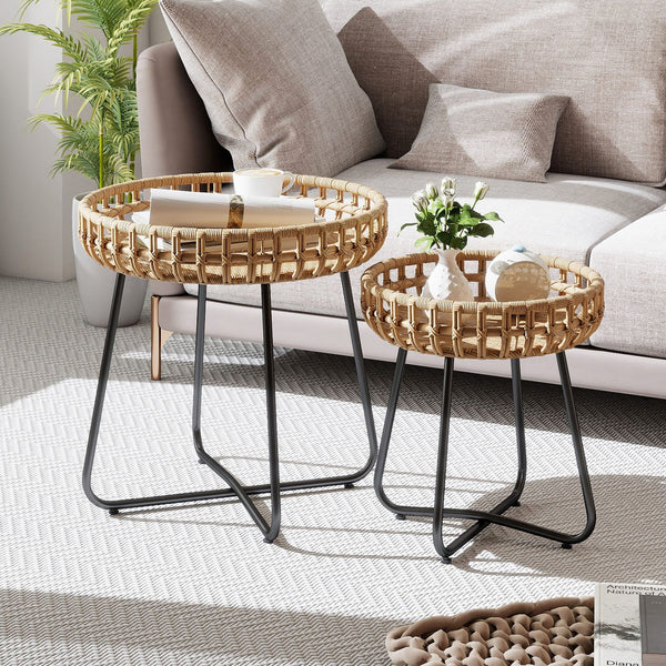 Outdoor Round Side Table Set of 2 in Different Sizes with Metal Frames