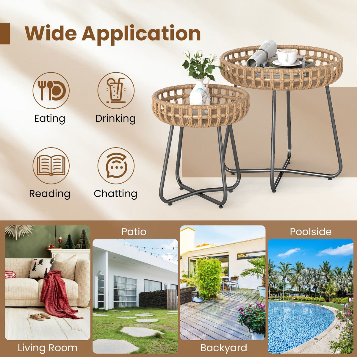 Outdoor Round Side Table Set of 2 in Different Sizes with Metal Frames