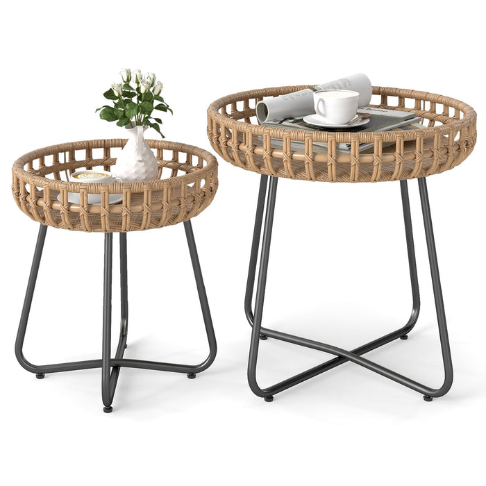 Outdoor Round Side Table Set of 2 in Different Sizes with Metal Frames