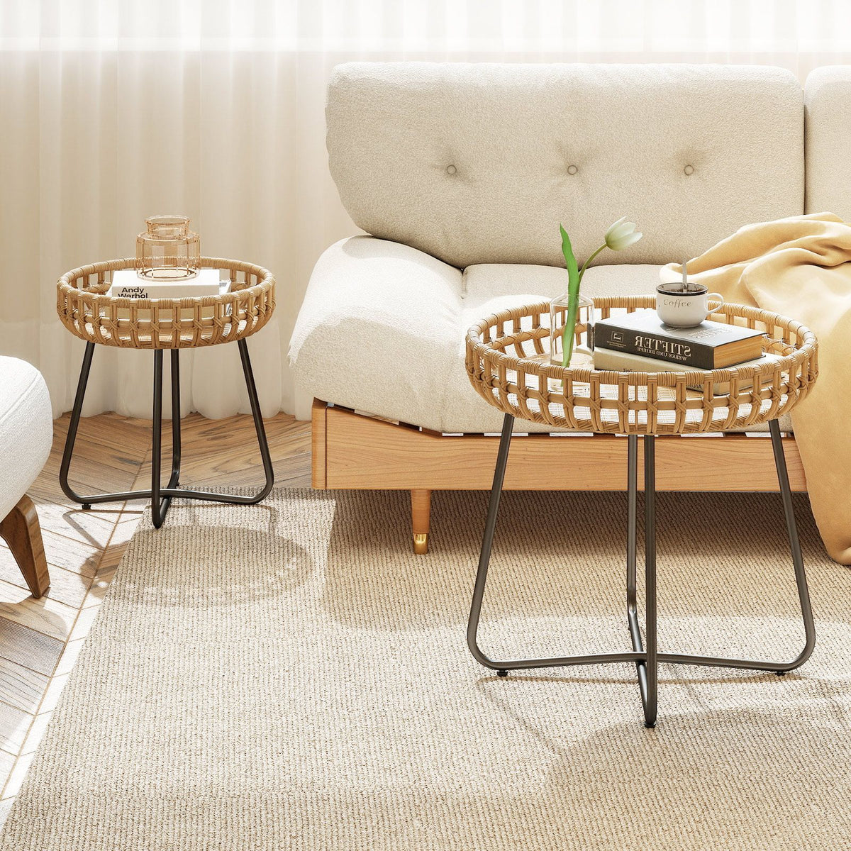 Outdoor Round Side Table Set of 2 in Different Sizes with Metal Frames