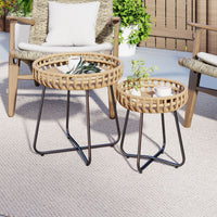 Outdoor Round Side Table Set of 2 in Different Sizes with Metal Frames