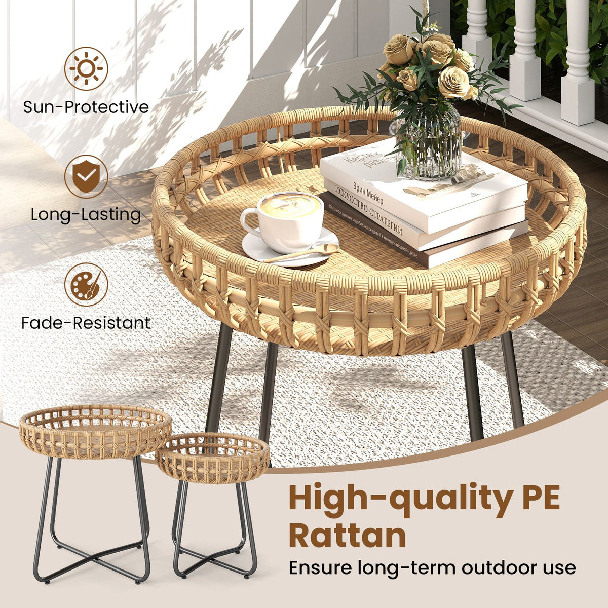 Outdoor Round Side Table Set of 2 in Different Sizes with Metal Frames