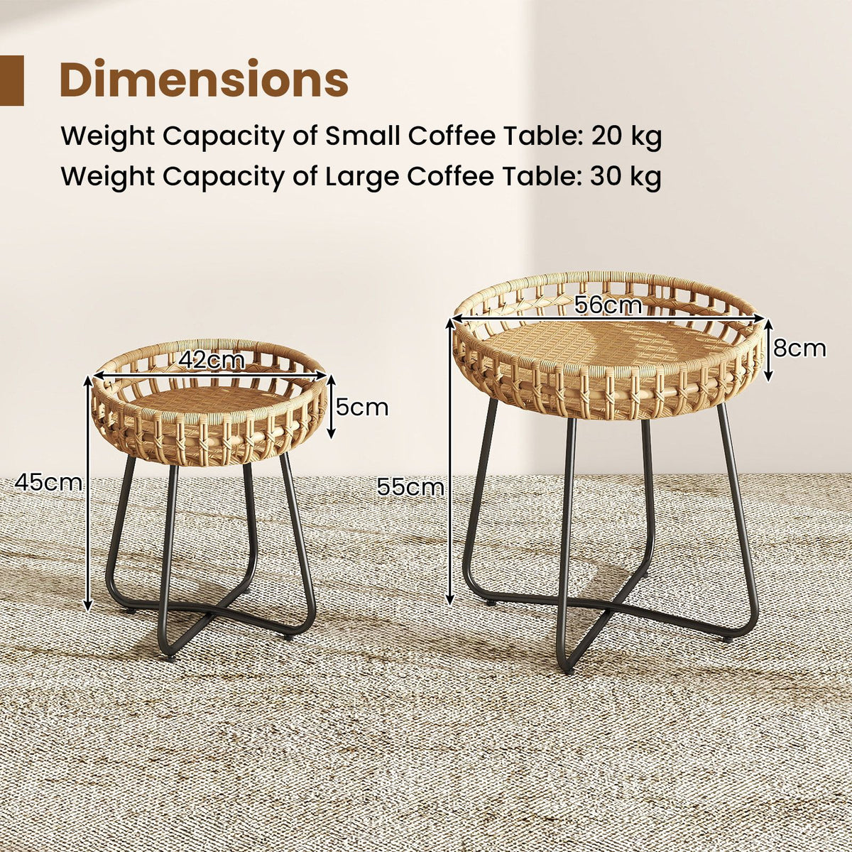 Outdoor Round Side Table Set of 2 in Different Sizes with Metal Frames