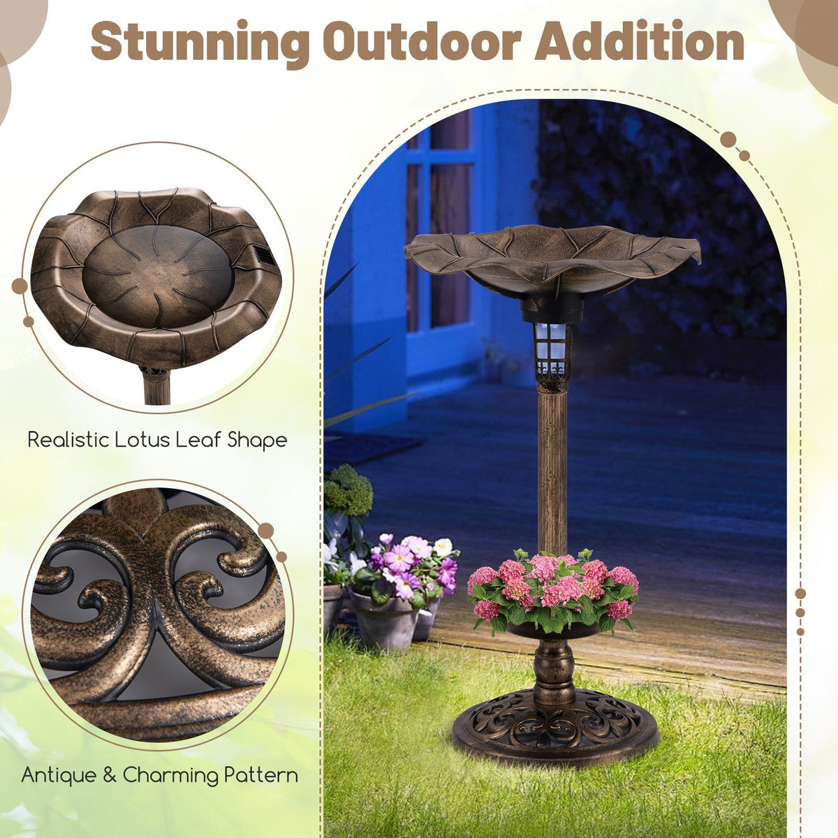 Outdoor Solar Bird Bath Standing Pedestal with Feeder and Lamp for Garden