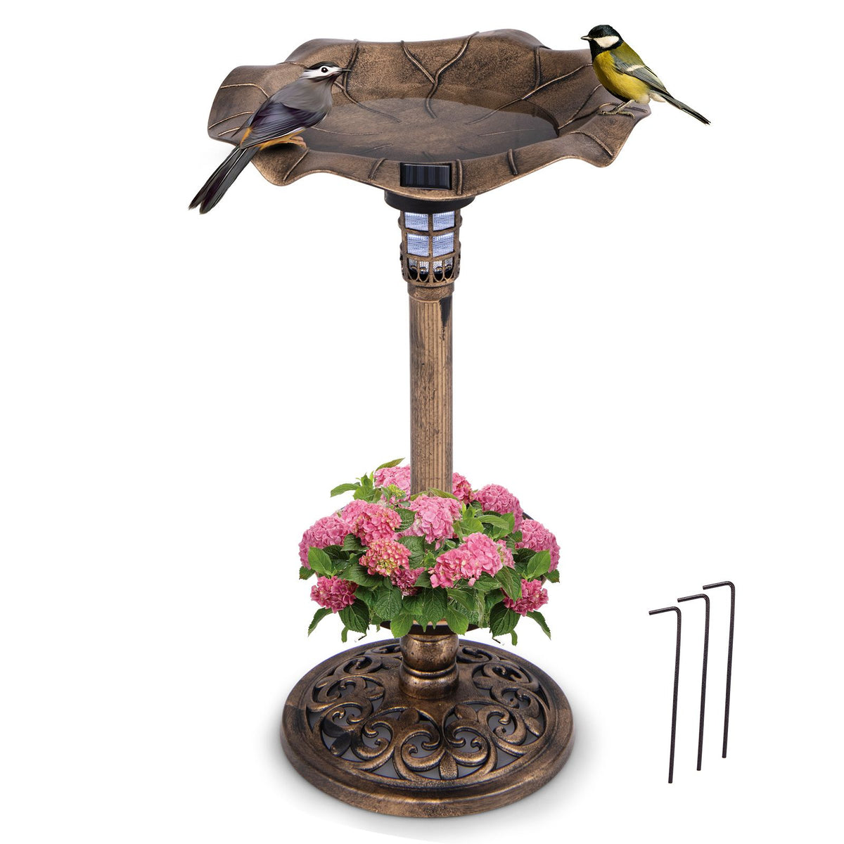 Outdoor Solar Bird Bath Standing Pedestal with Feeder and Lamp for Garden